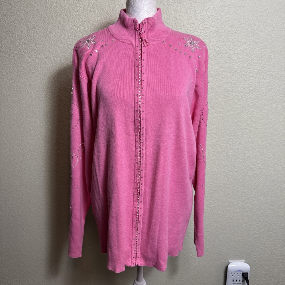 Quacker Factory Sweater L Womens Pink Snowflake Rhinestone Zip Up Cardigan NWT
